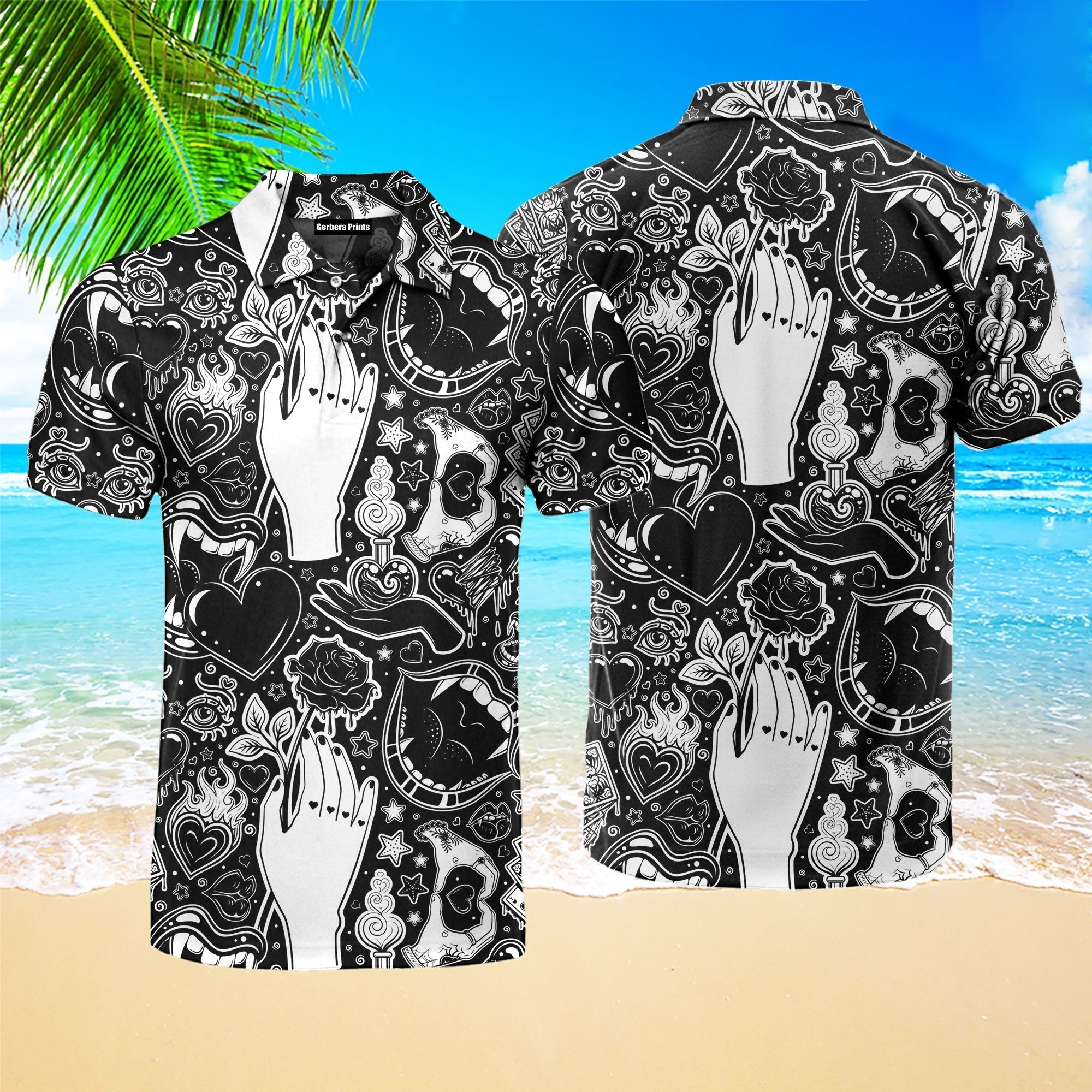 Black And White Old School Tattoo Polo Shirt For Men