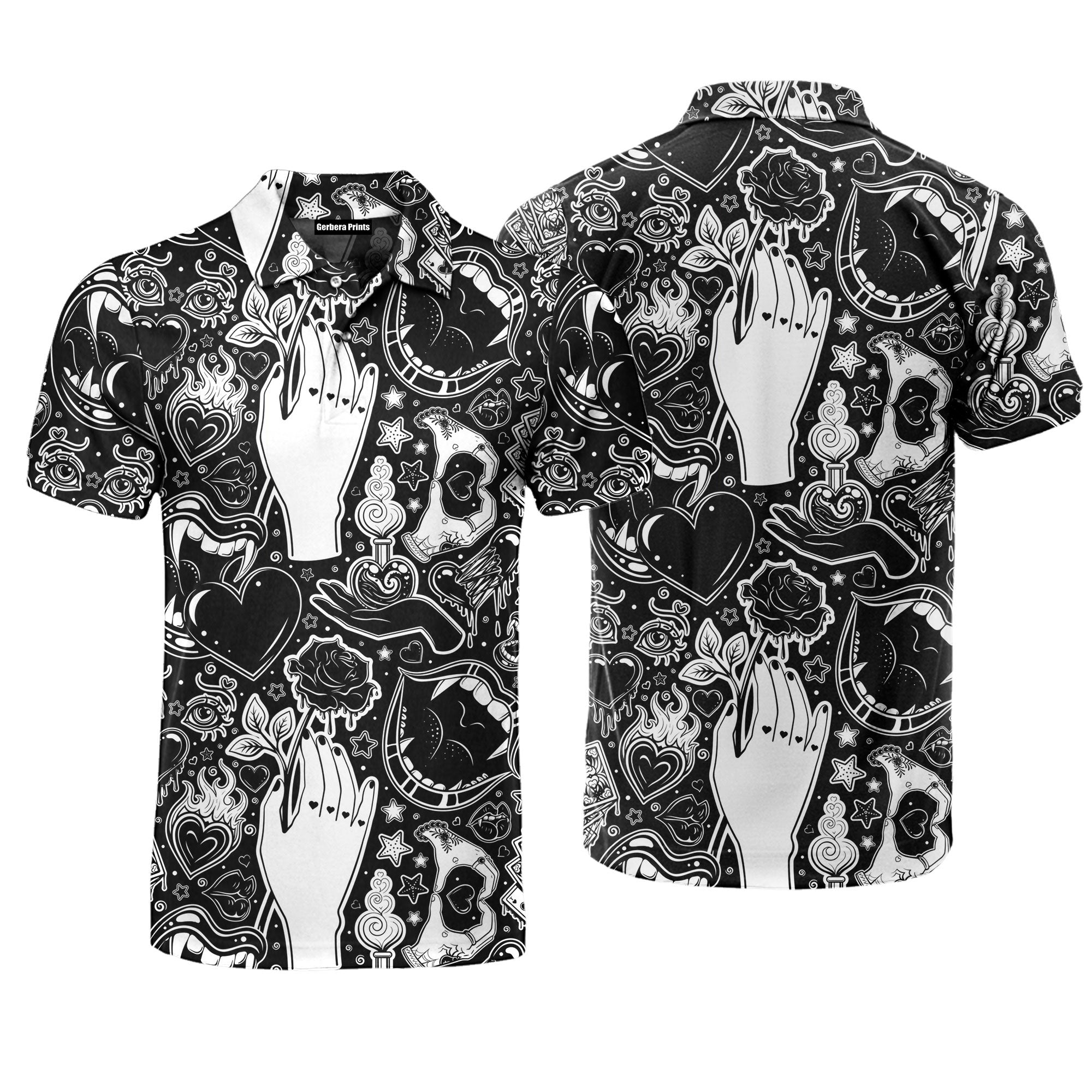 Black And White Old School Tattoo Polo Shirt For Men