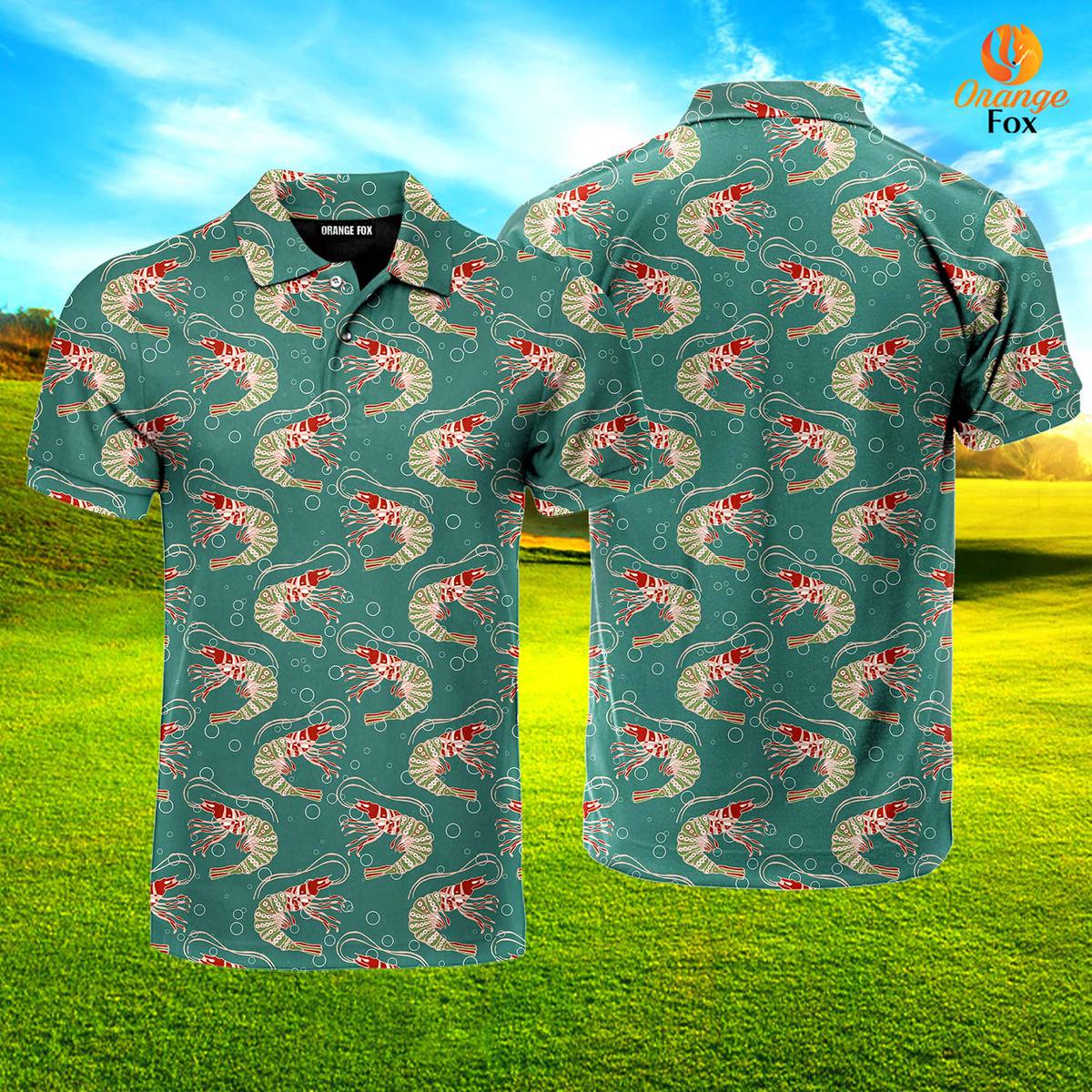 Red Shrimps Pattern Polo Shirt For Men