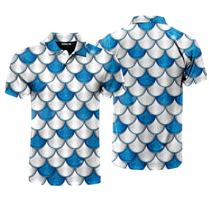 Blue And White Mermaid Scales Polo Shirt For Men