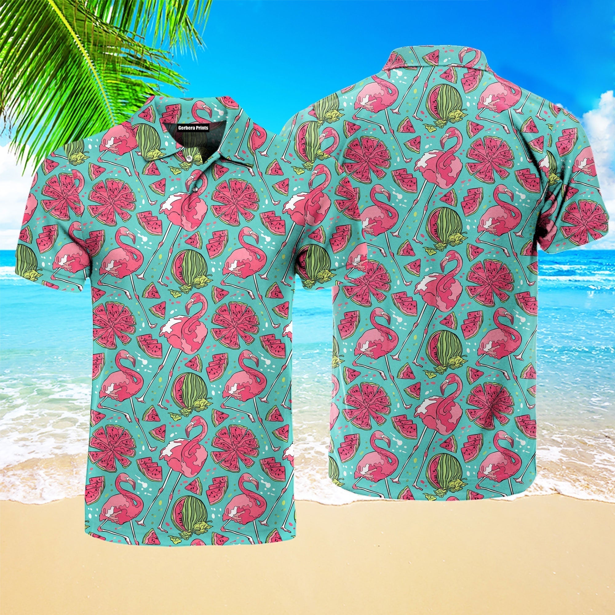 Flamingo And Watermelon Polo Shirt For Men