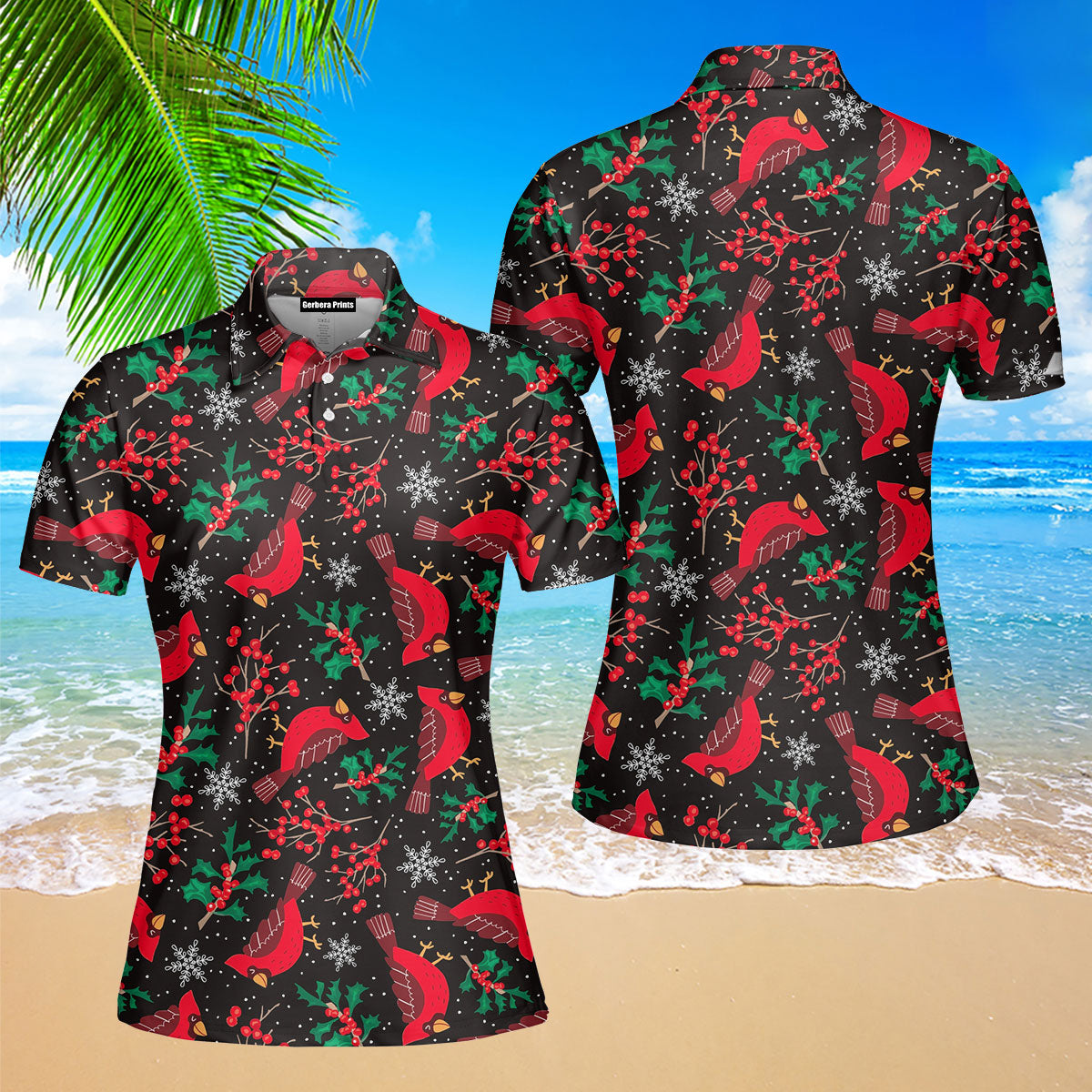 Red Cardinal Christmas Bird Polo Shirt For Women