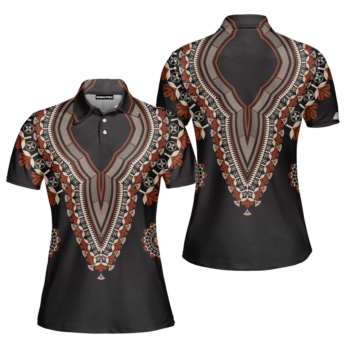 Africa Dashiki Red Gold Flower Polo Shirt For Women