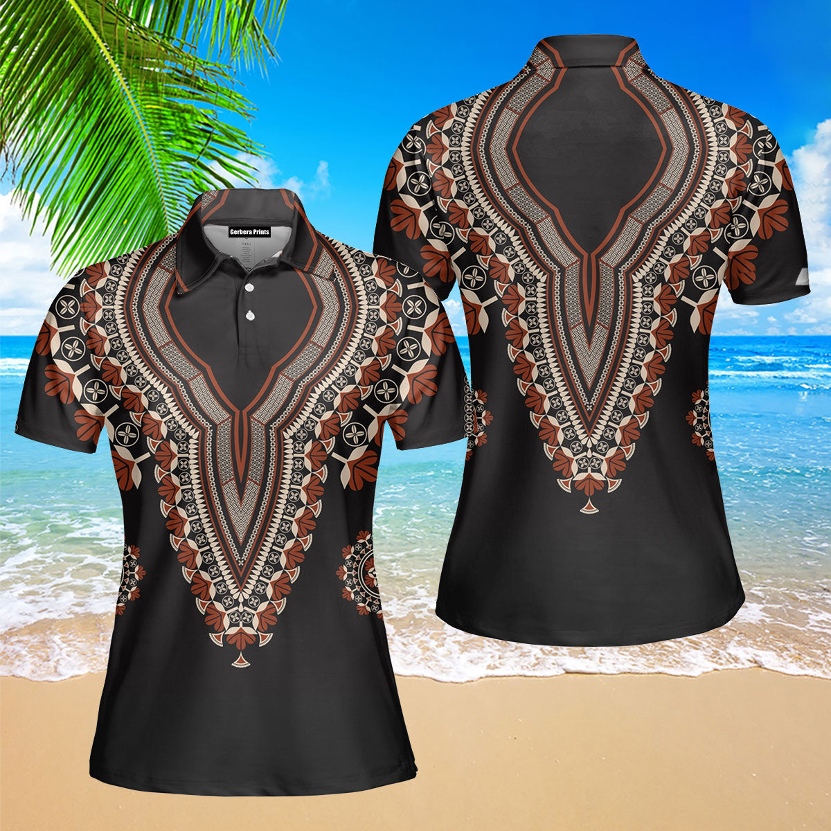 Africa Dashiki Red Gold Flower Polo Shirt For Women