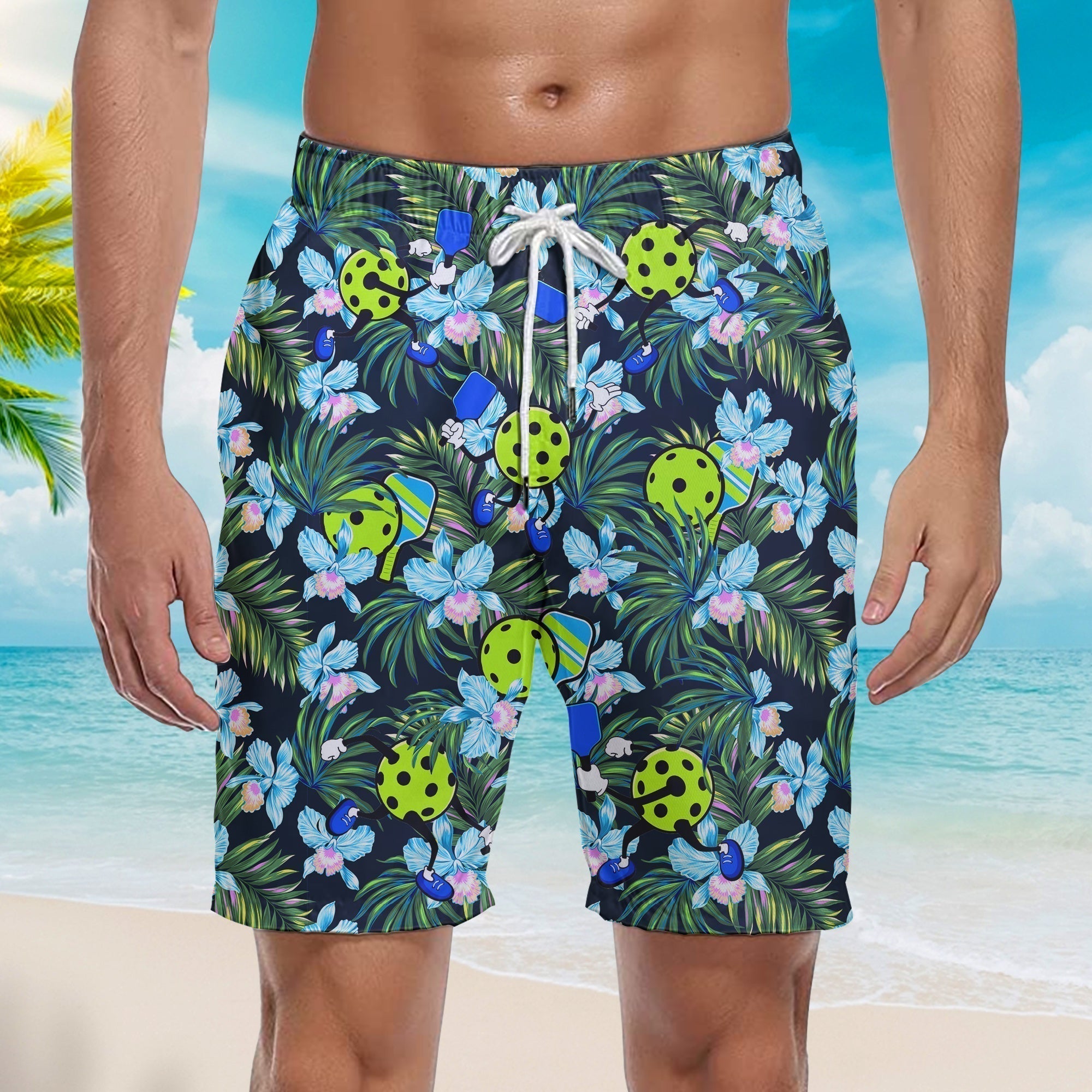 Pickleball And Leaves Pattern Beach Shorts For Men