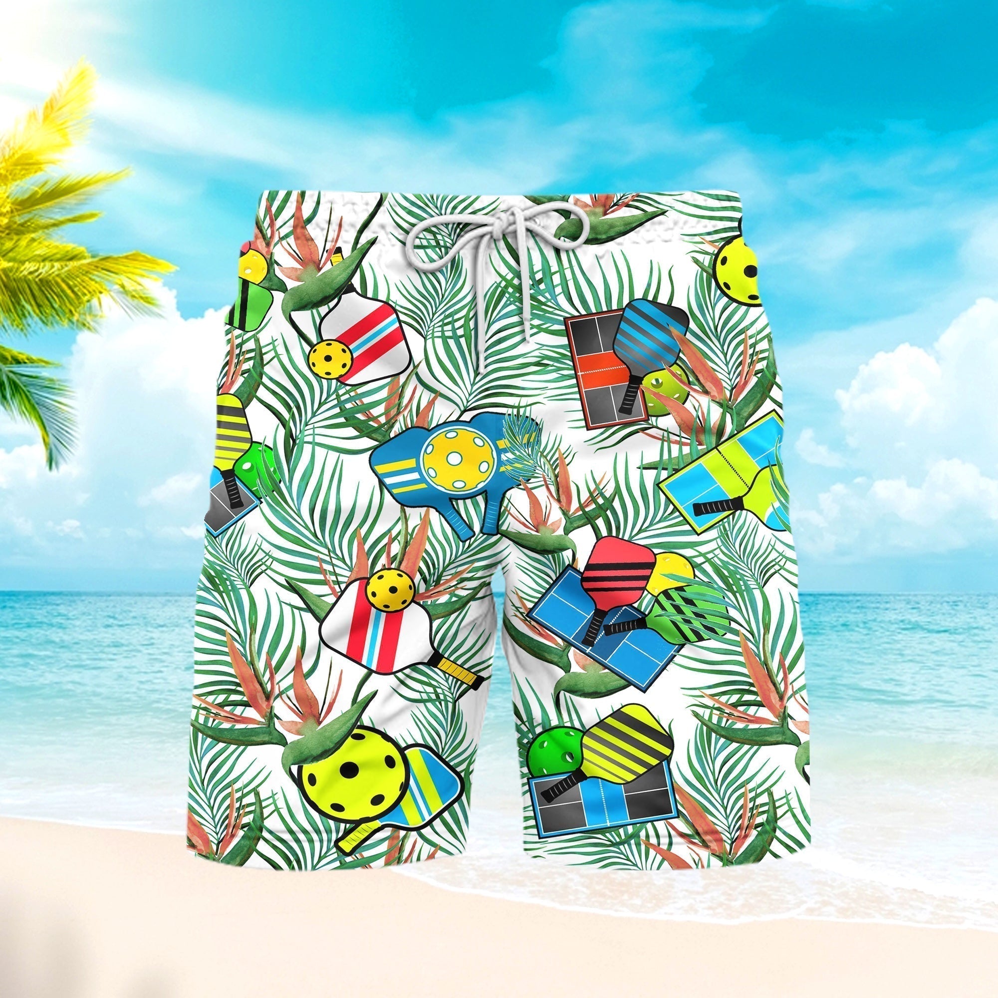 Pickleball And Palm Leaves Tropical Pattern Beach Shorts For Men