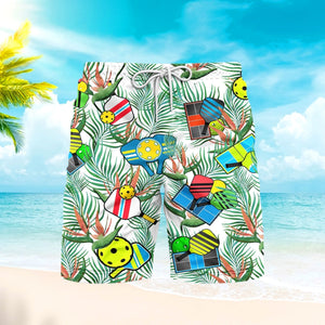 Pickleball And Palm Leaves Tropical Pattern Beach Shorts For Men