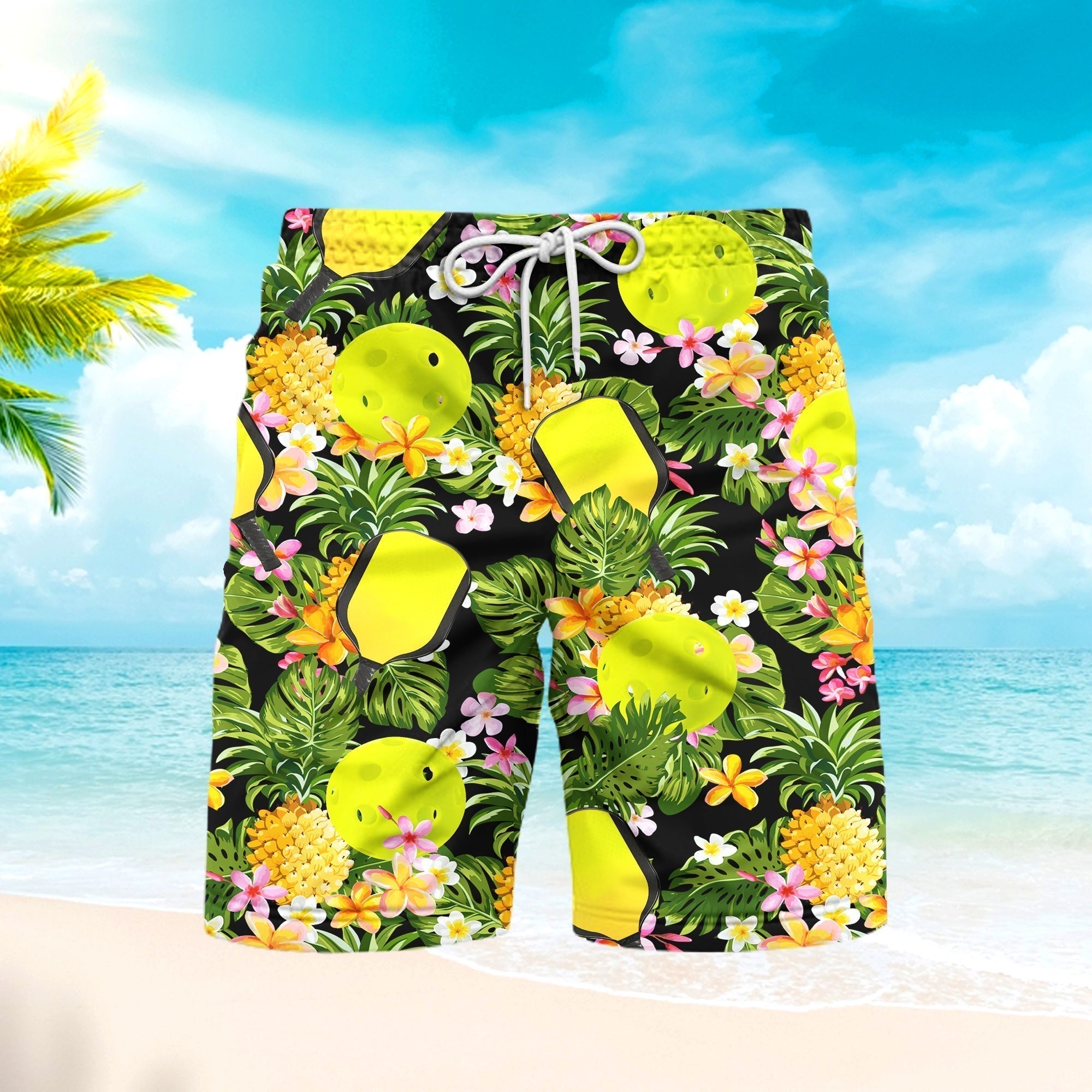 Pickleball Tropical Floral Pattern Beach Shorts For Men