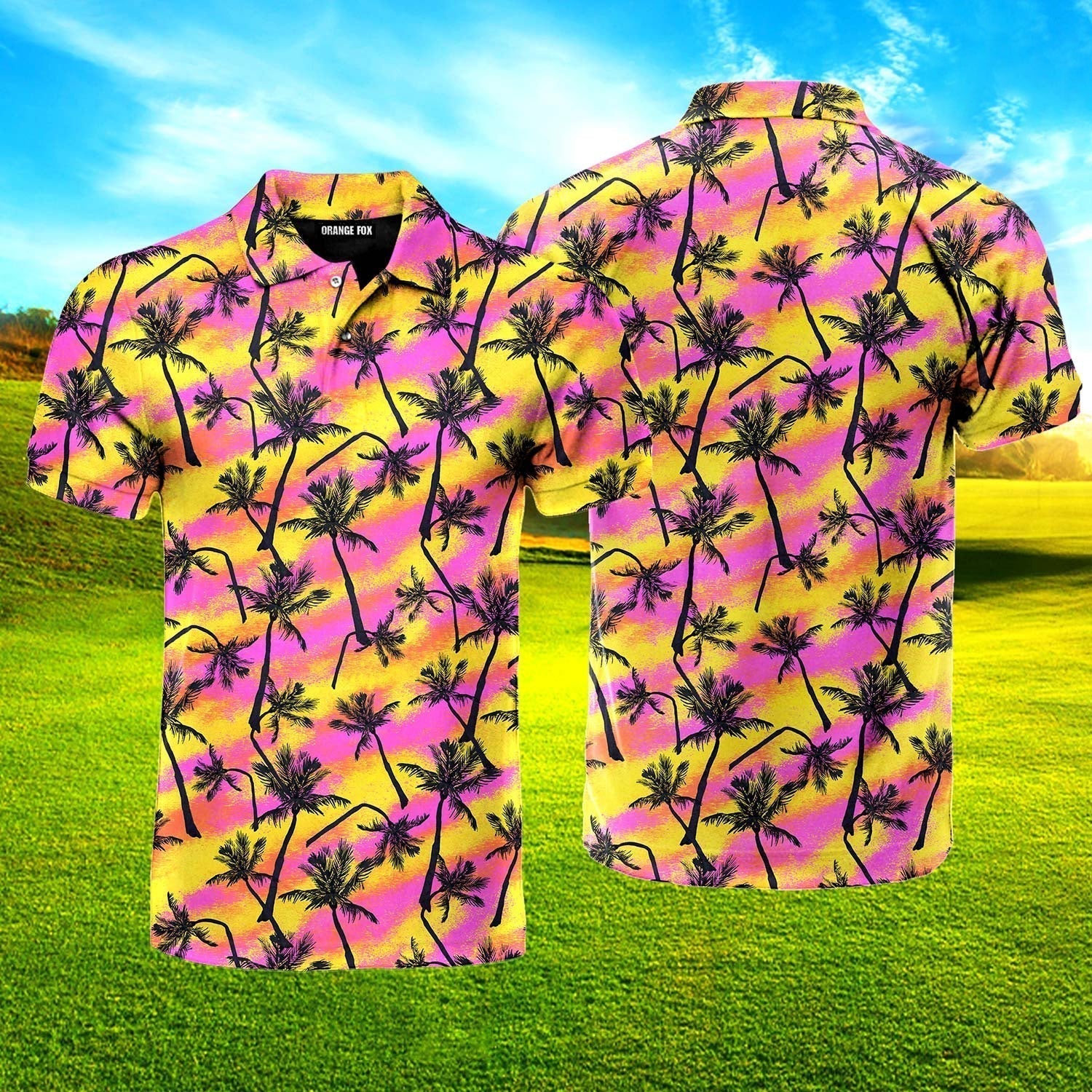 Pink And Yellow Palm Trees Beach Polo Shirt For Men