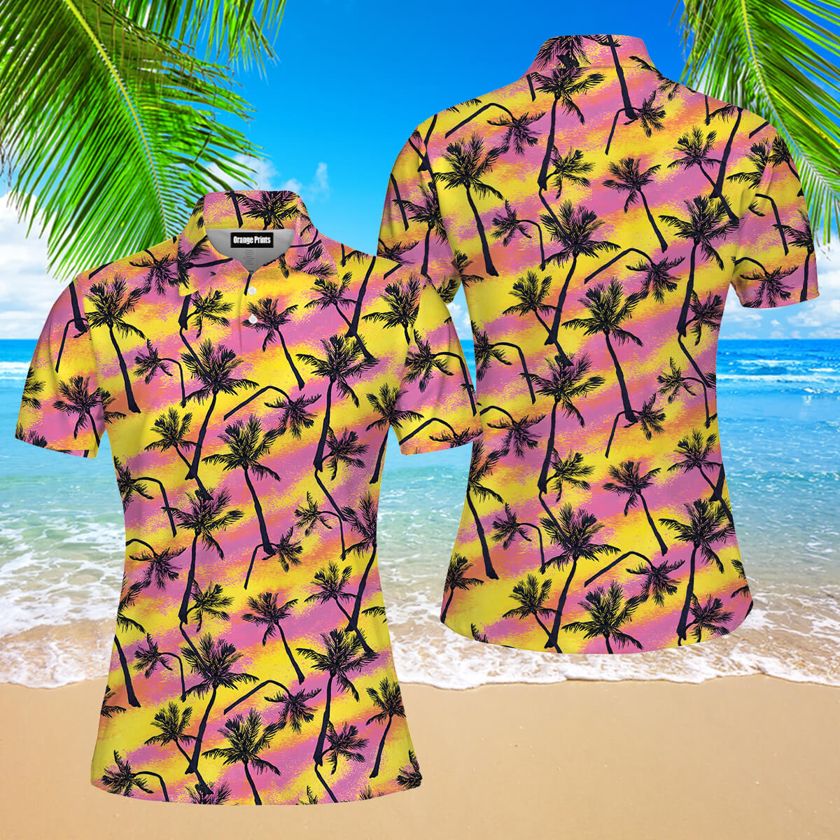 Pink And Yellow Palm Trees Beach Polo Shirt For Women
