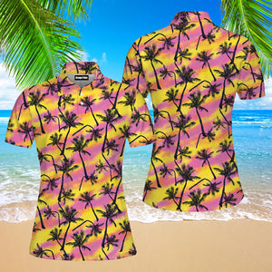 Pink And Yellow Palm Trees Beach Polo Shirt For Women