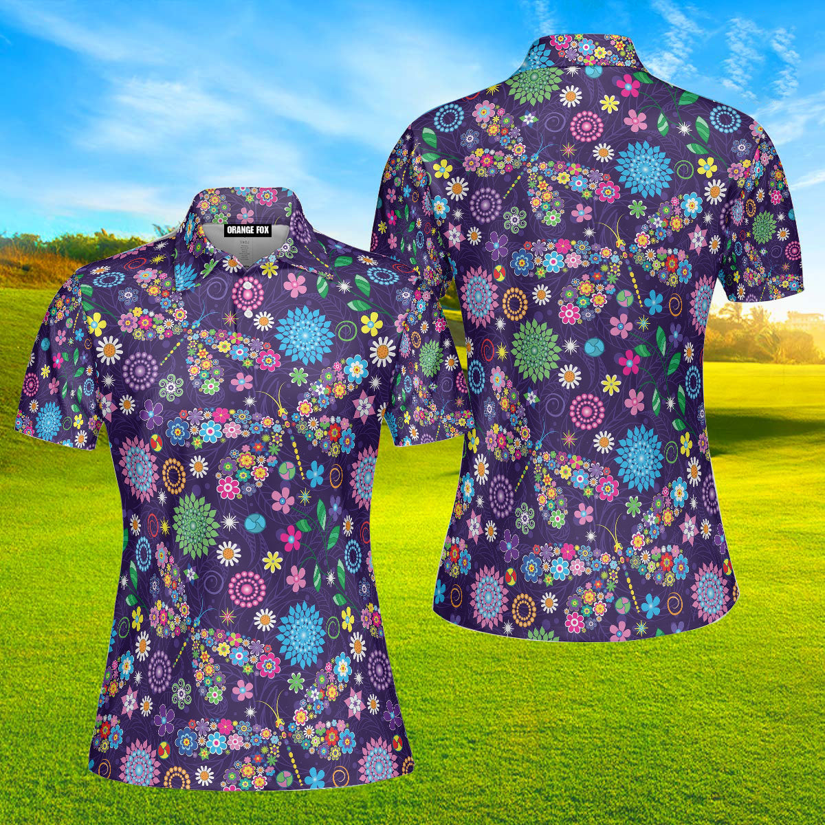 Purple Dragonfly And Flowers Polo Shirt For Women