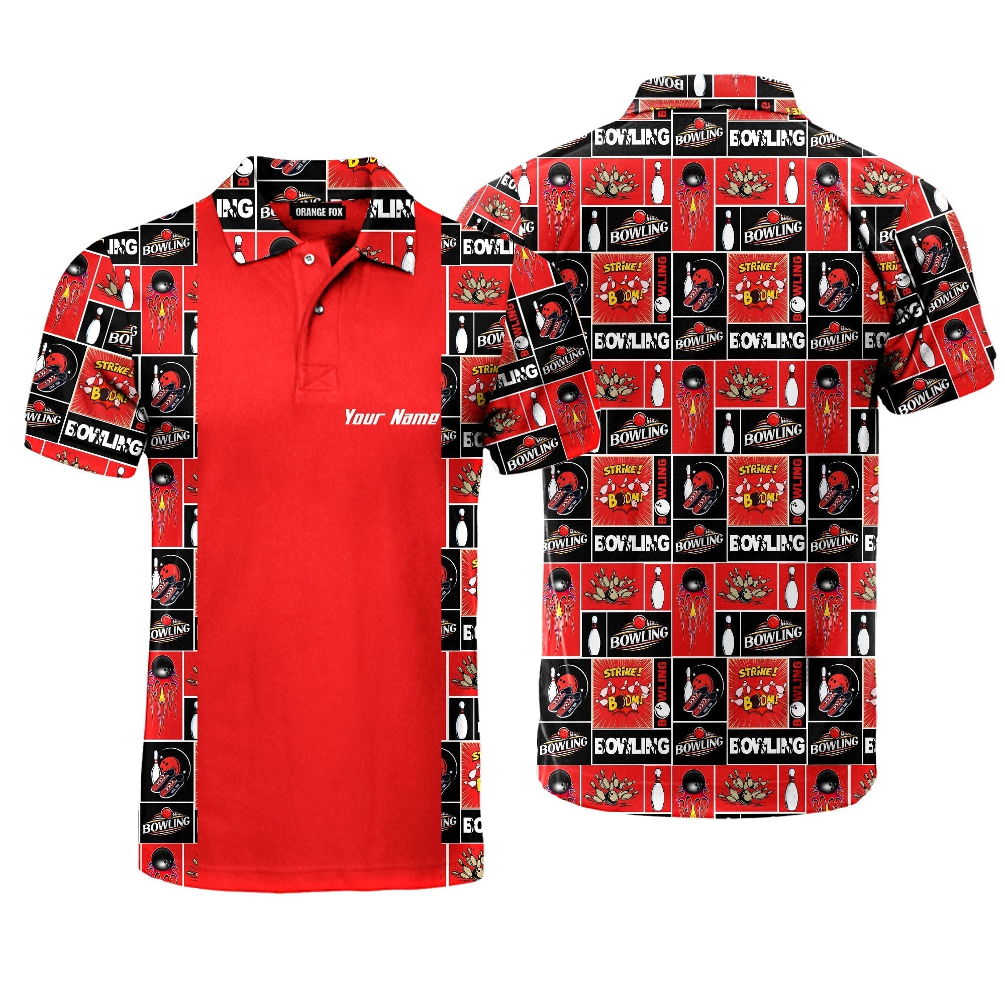 Red Retro Bowling Strike Custom Name Polo Shirt For Men & Women