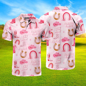 Rodeo Cowgirl Retro Horseshoe Cactus Pink Polo Shirt For Men