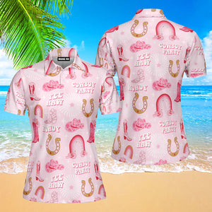 Rodeo Cowgirl Retro Horseshoe Cactus Pink Polo Shirt For Women