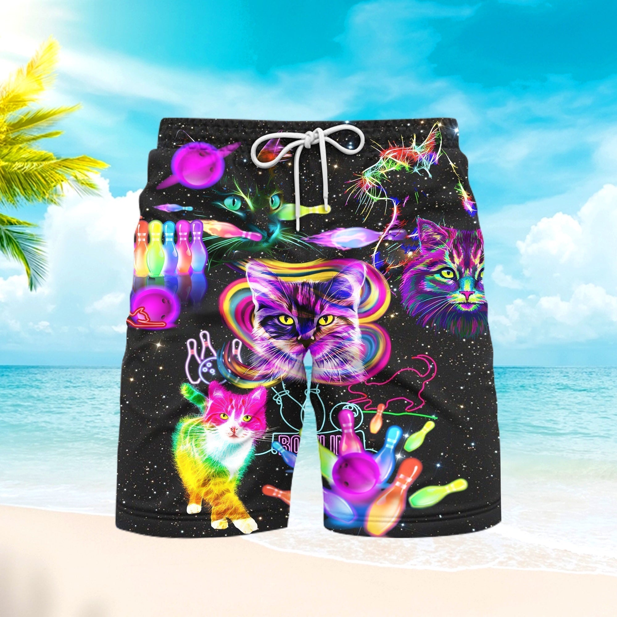Rolling With My Homies Cats Bowling Rainbow Beach Shorts For Men
