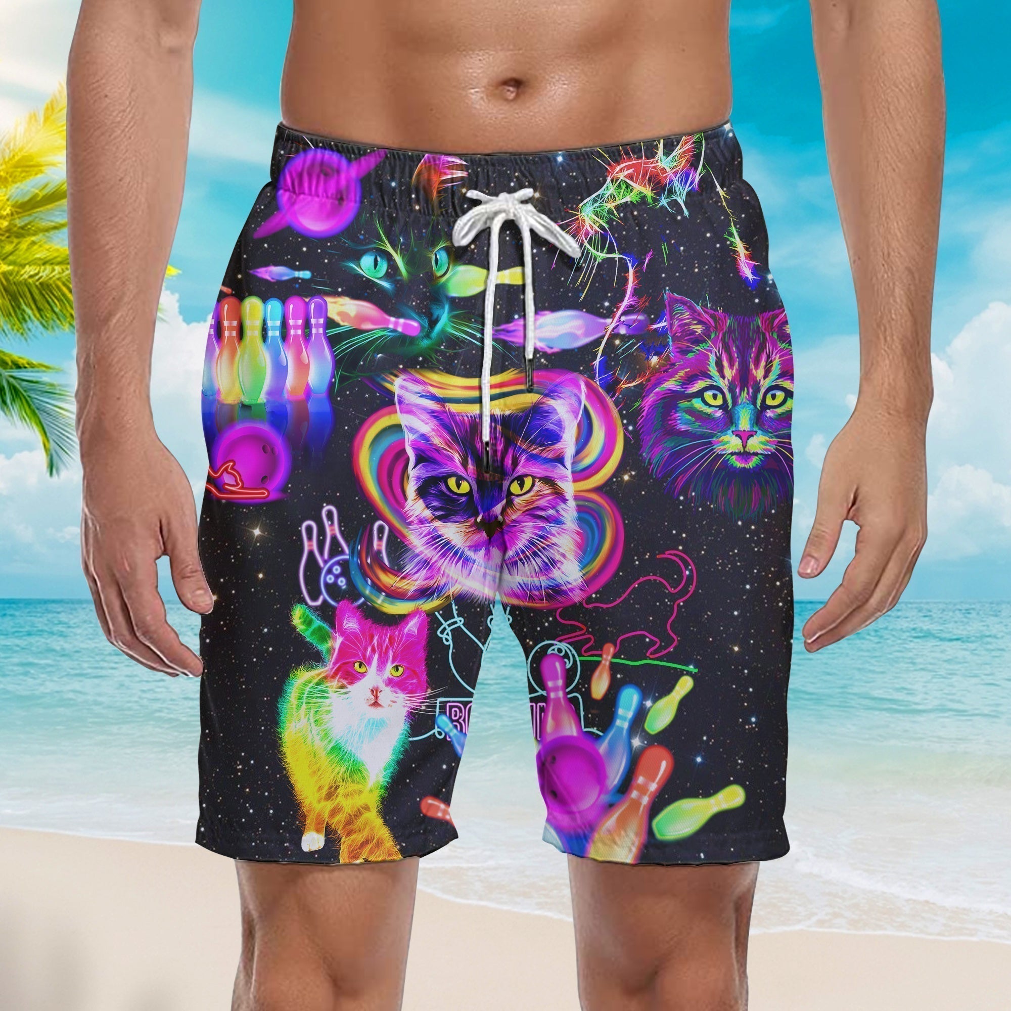 Rolling With My Homies Cats Bowling Rainbow Beach Shorts For Men