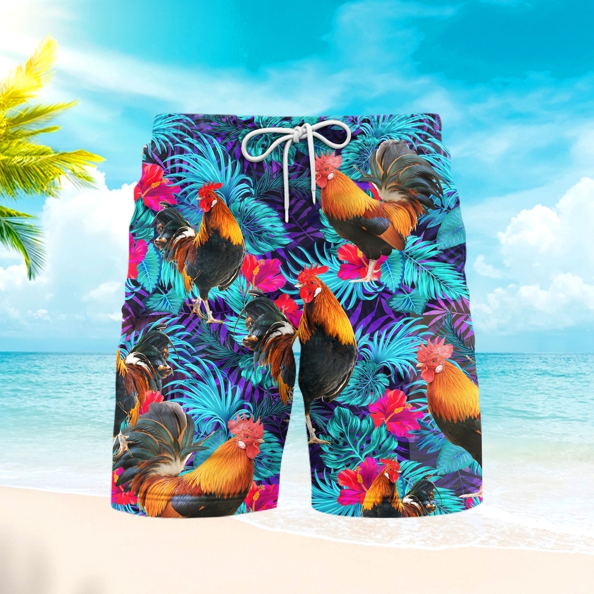 Rooster Blue Neon Tropical Beach Shorts For Men