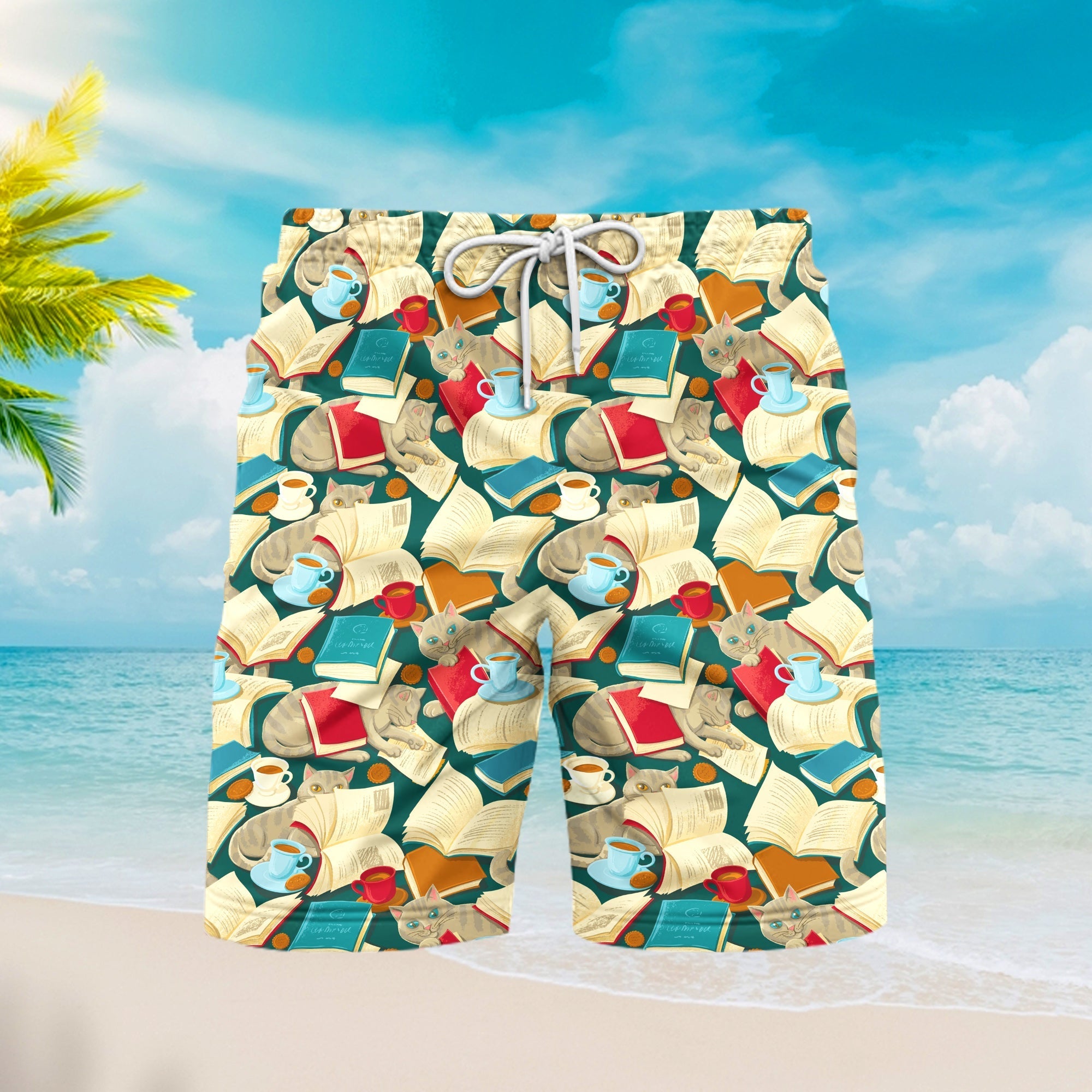 Book Cat Cosy With Cafe Cup Beach Shorts For Men
