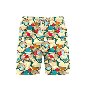 Book Cat Cosy With Cafe Cup Beach Shorts For Men