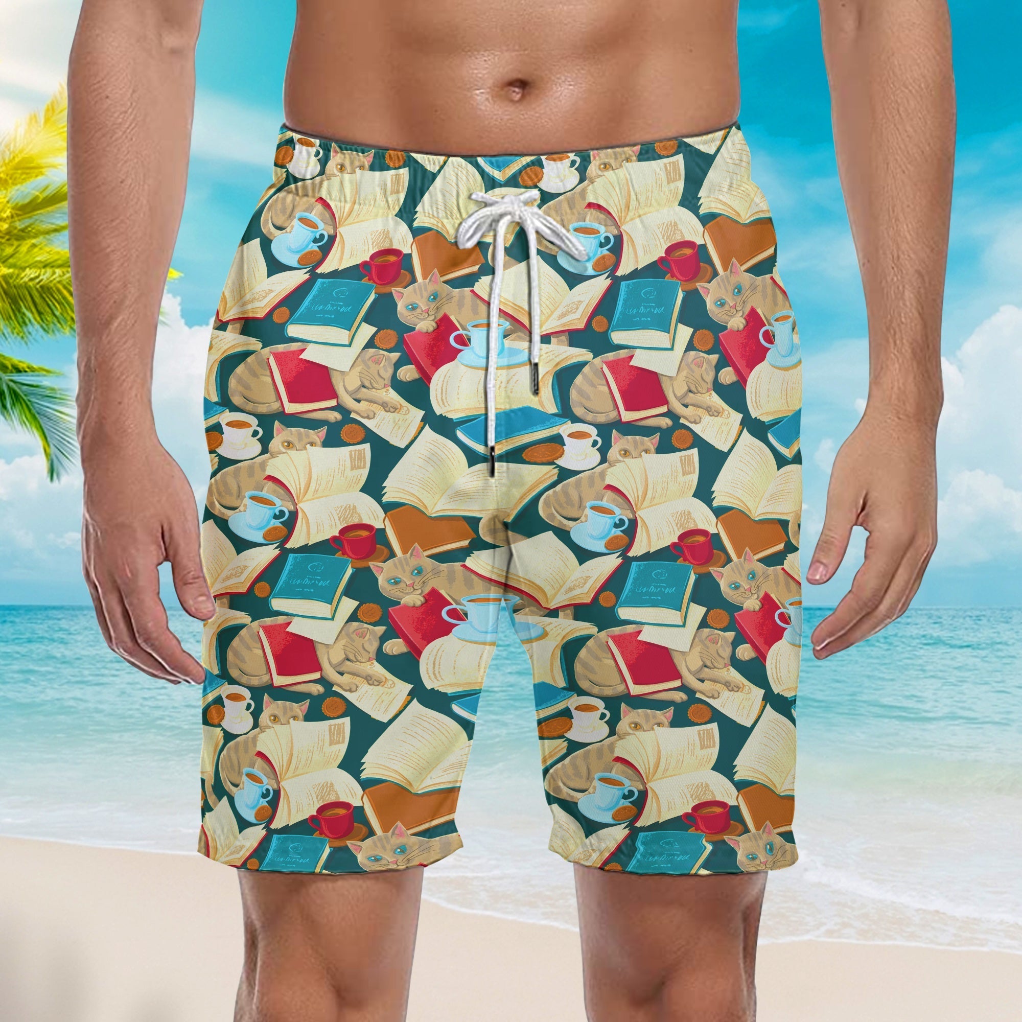 Book Cat Cosy With Cafe Cup Beach Shorts For Men