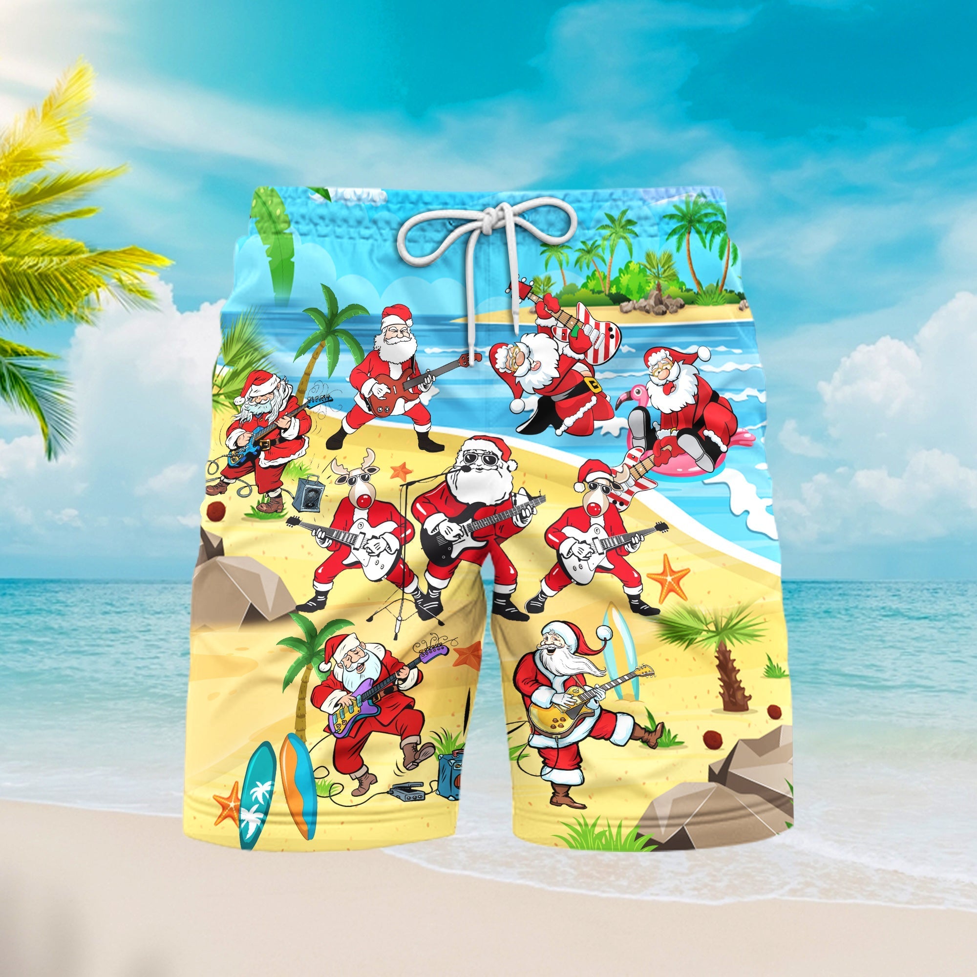 Christmas Santa Playing Guitar On Beach Beach Shorts For Men