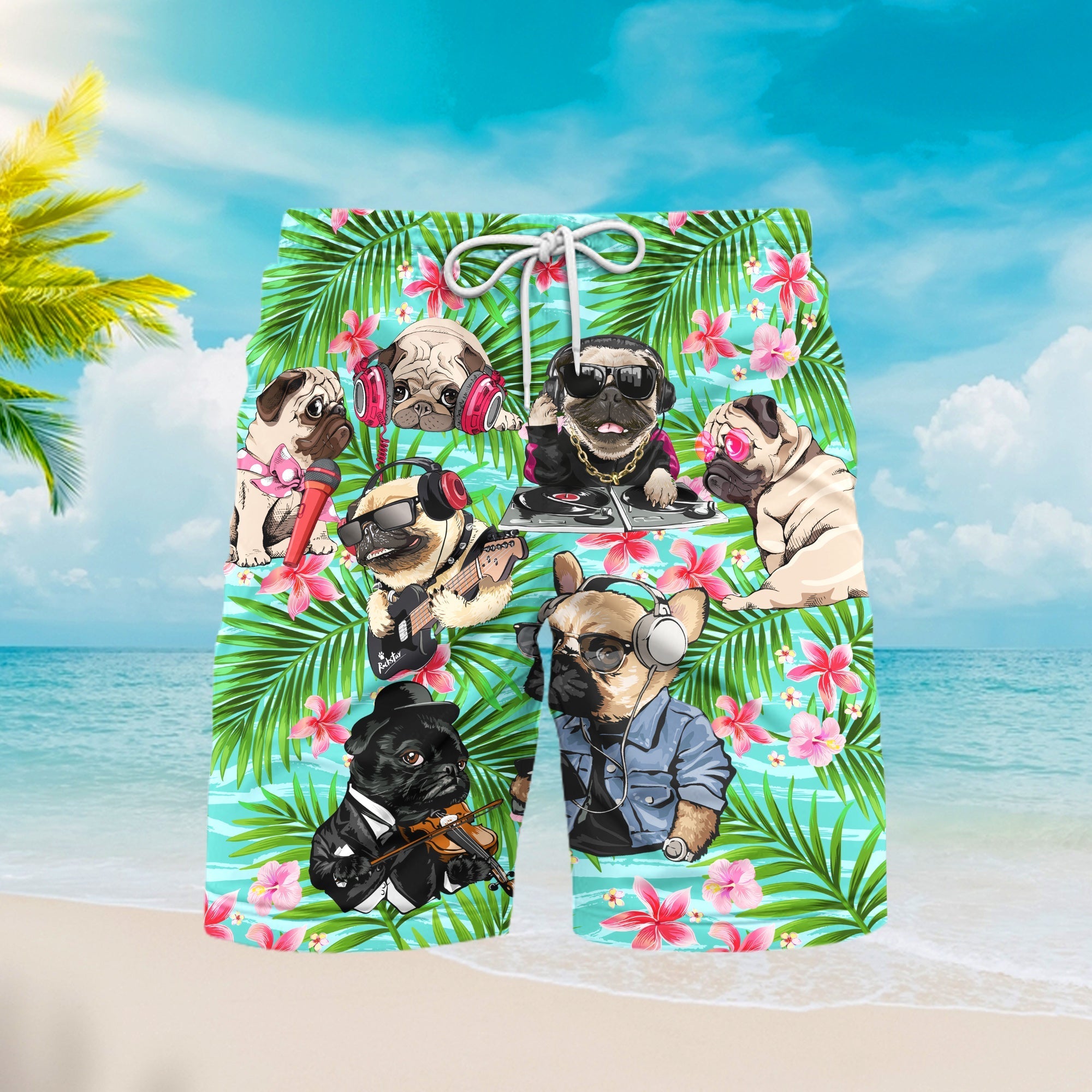 Dog Feeling Music With Pugs Beach Shorts For Men