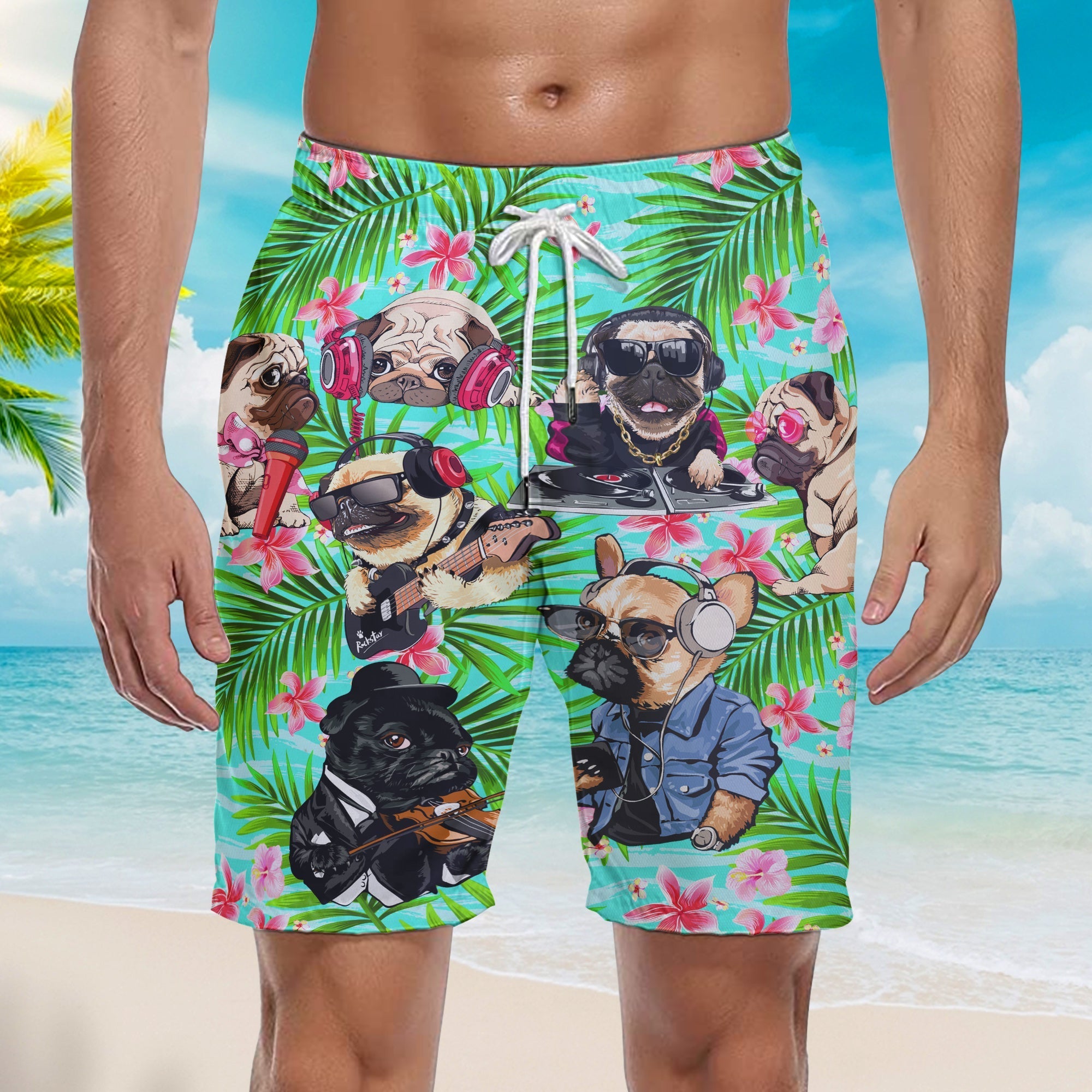 Dog Feeling Music With Pugs Beach Shorts For Men