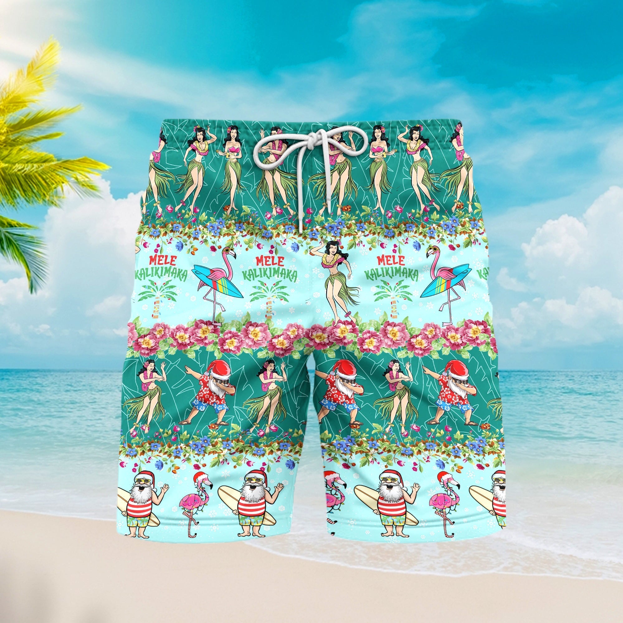 Santa Mele Kalikimaka Christmas Flamingo Beach Shorts For Men