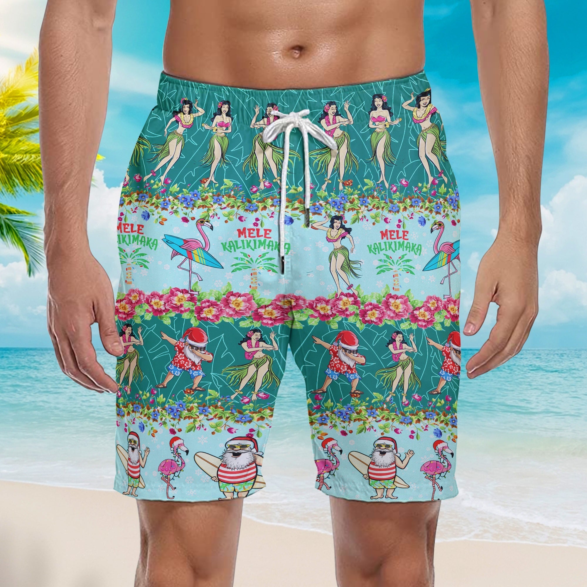 Santa Mele Kalikimaka Christmas Flamingo Beach Shorts For Men