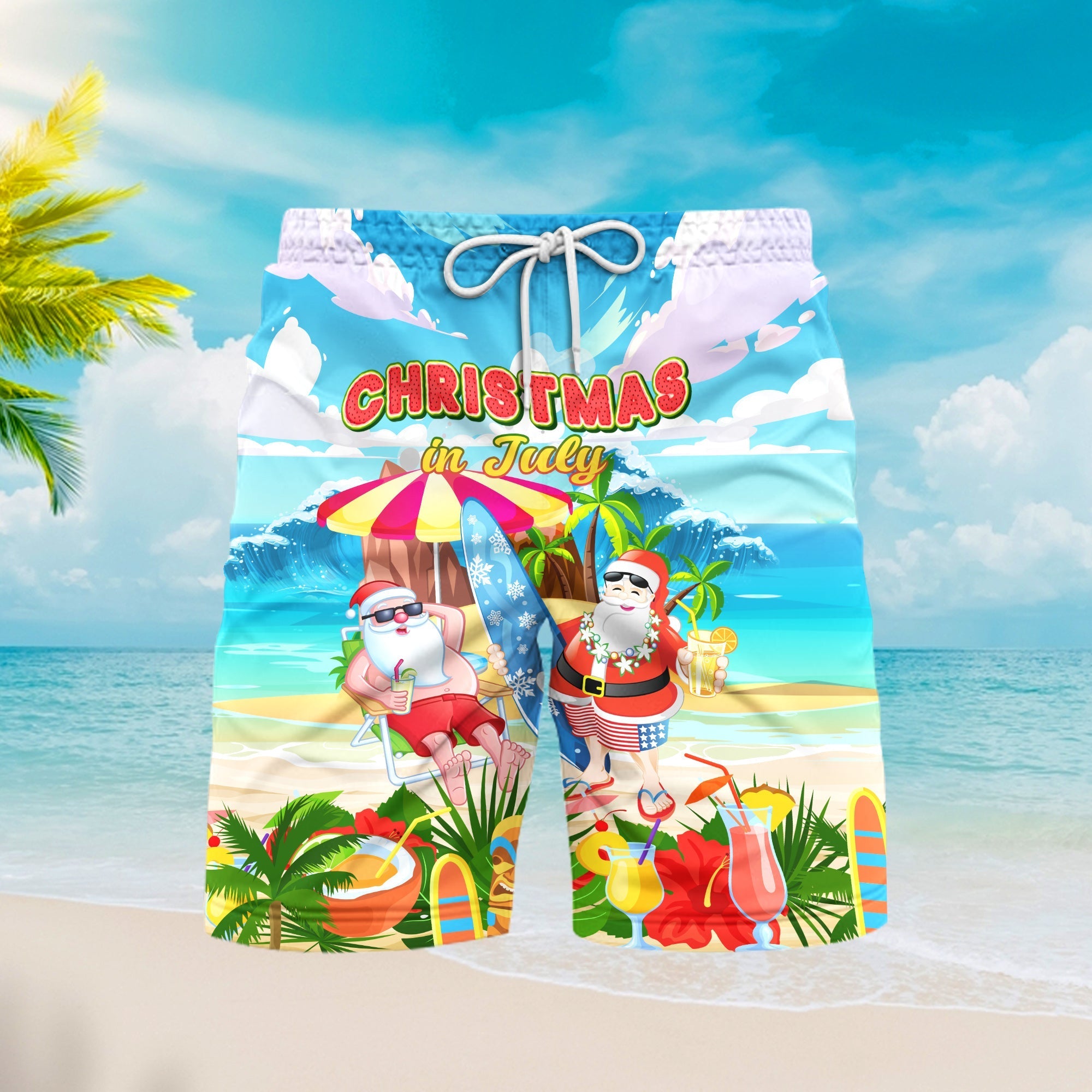 Christmas In July Funny Surfing Santa Clause Tropical Style Beach Shorts For Men
