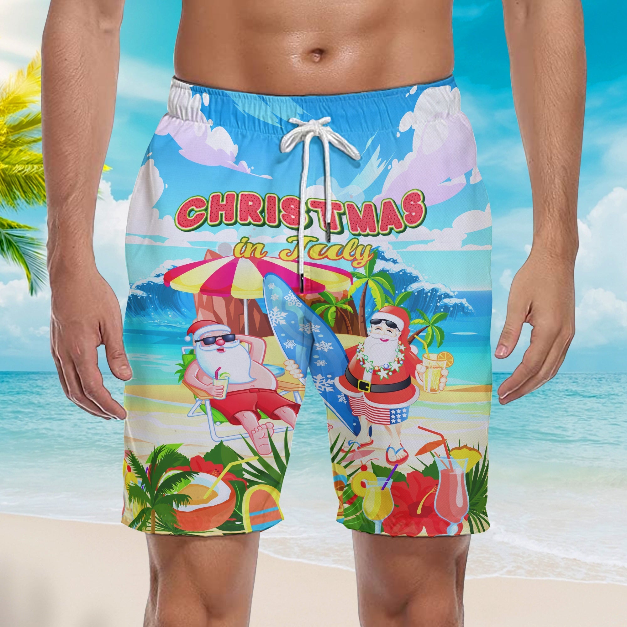 Christmas In July Funny Surfing Santa Clause Tropical Style Beach Shorts For Men