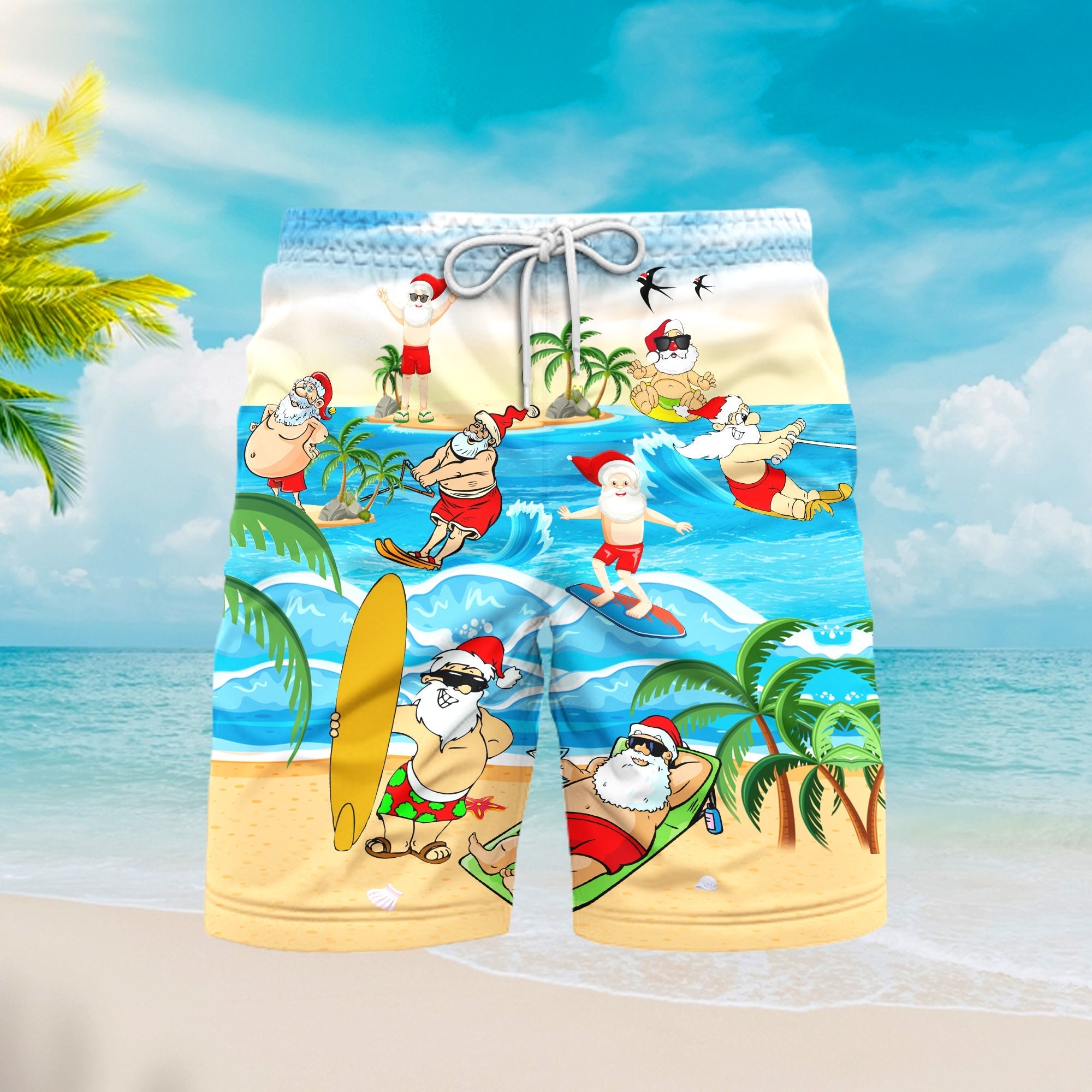 Christmas Santa Surfing On Beach Beach Shorts For Men