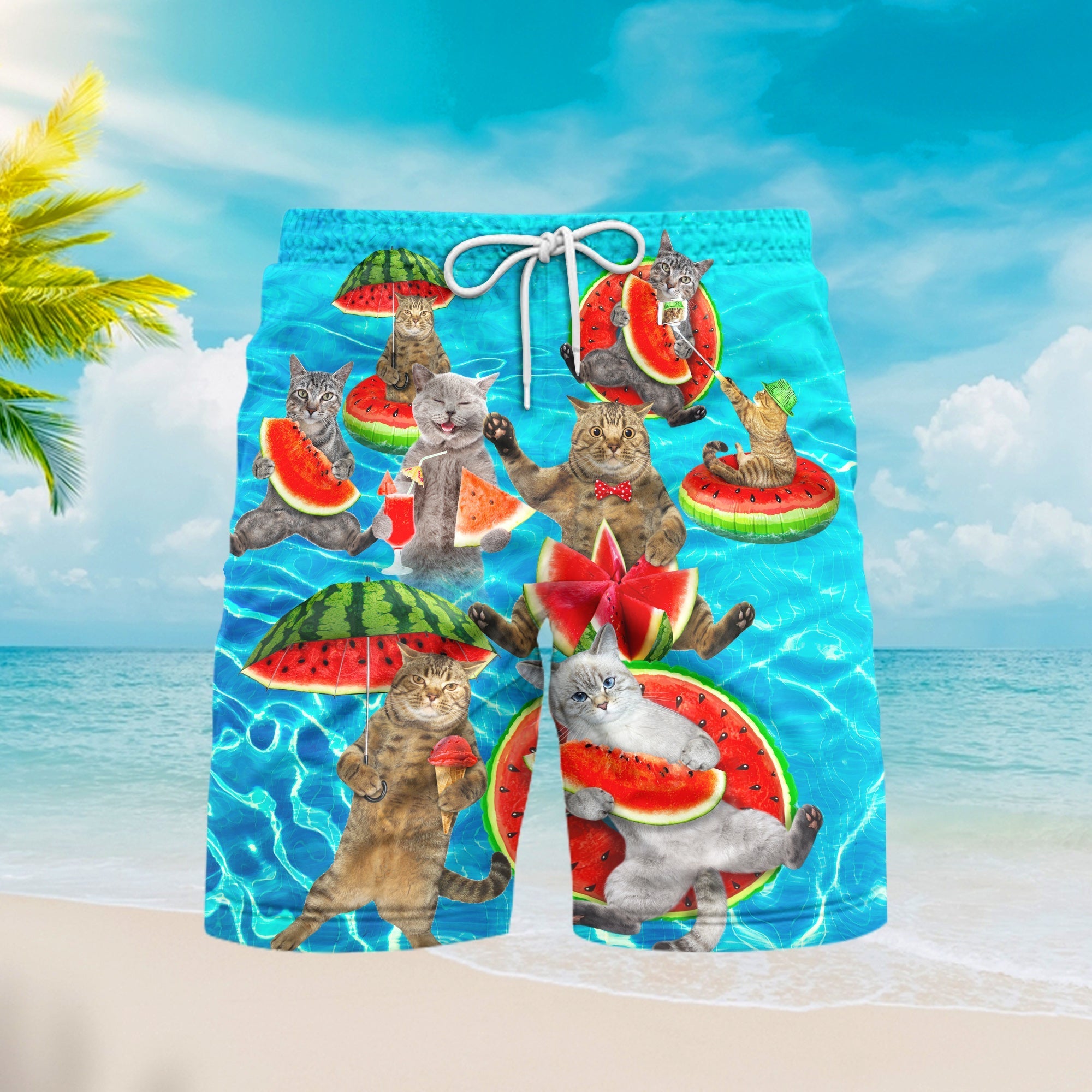 Summer Watermelon Cat Beach Shorts For Men