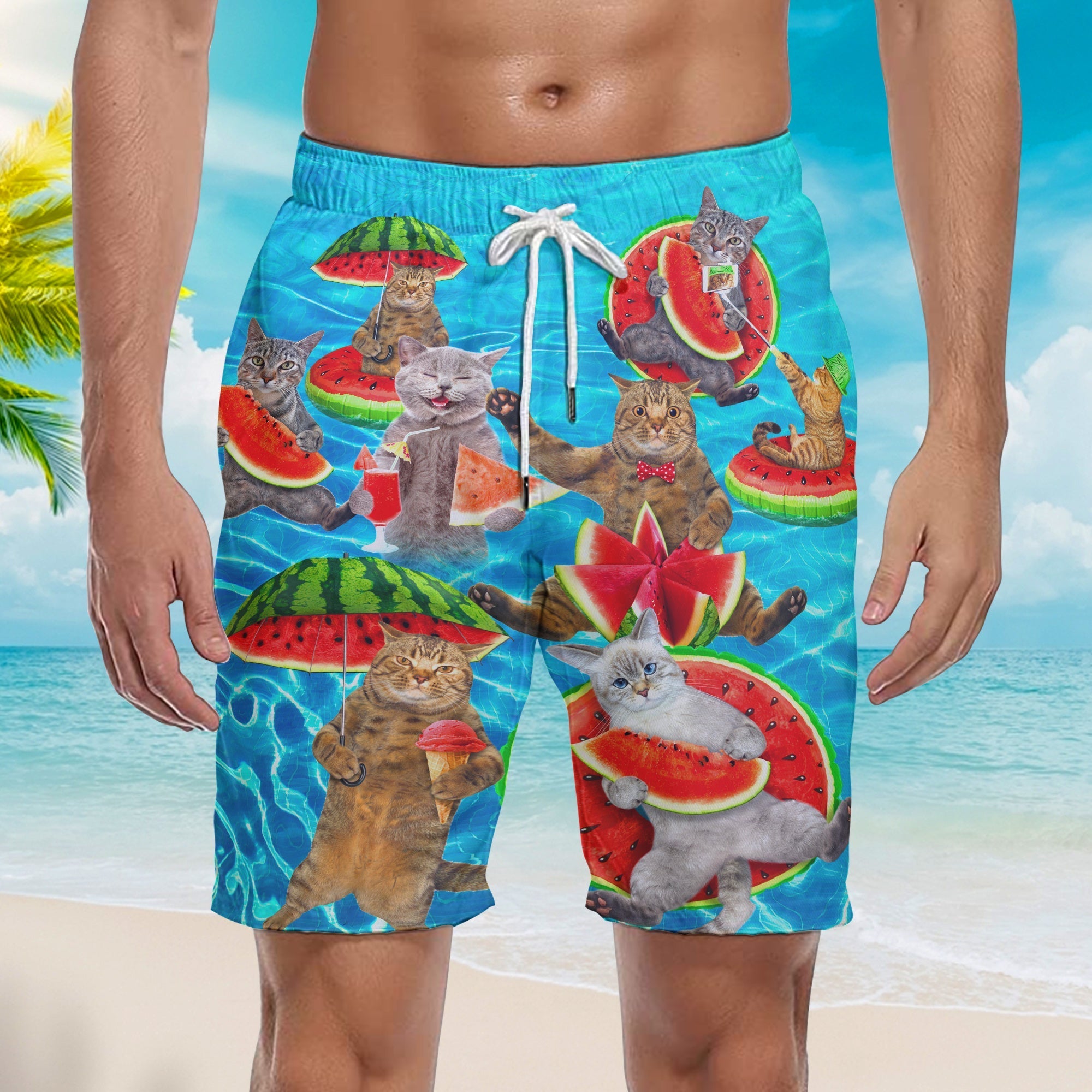 Summer Watermelon Cat Beach Shorts For Men