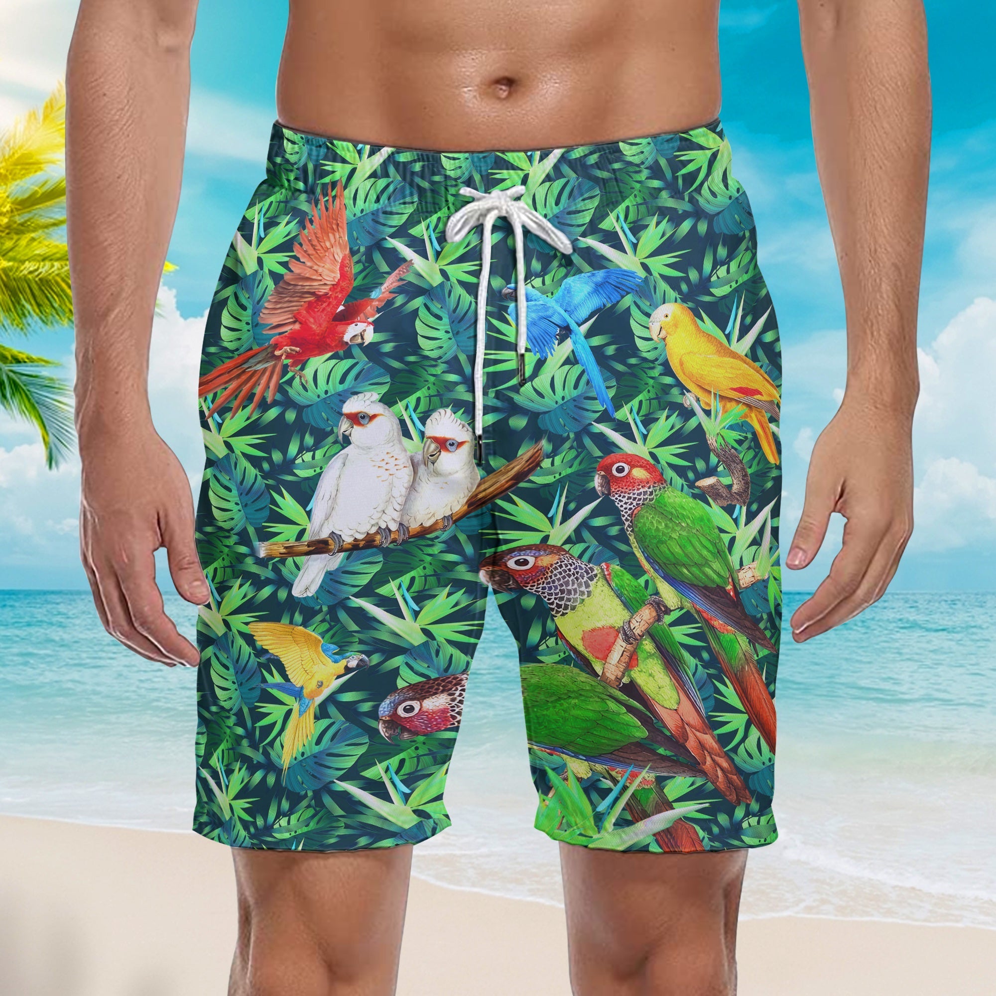 Vintage Parrots Tropical Beach Shorts For Men