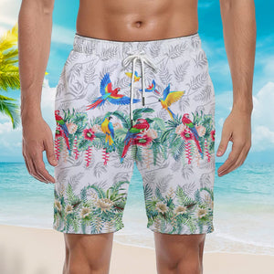 Vintage Botanical Lotus And Macaw Parrot Beach Shorts For Men
