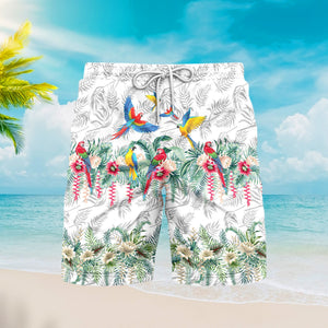 Vintage Botanical Lotus And Macaw Parrot Beach Shorts For Men