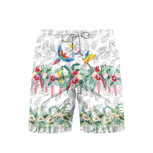 Vintage Botanical Lotus And Macaw Parrot Beach Shorts For Men