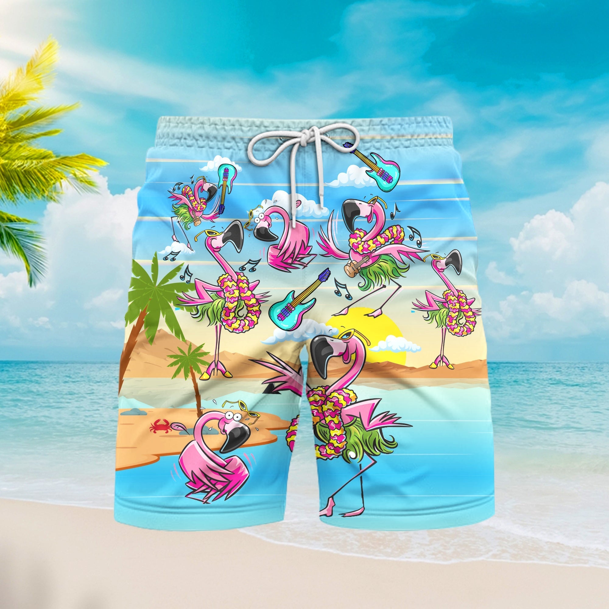 Flamingo Enjoys Music Party On Beach Summer Beach Shorts For Men