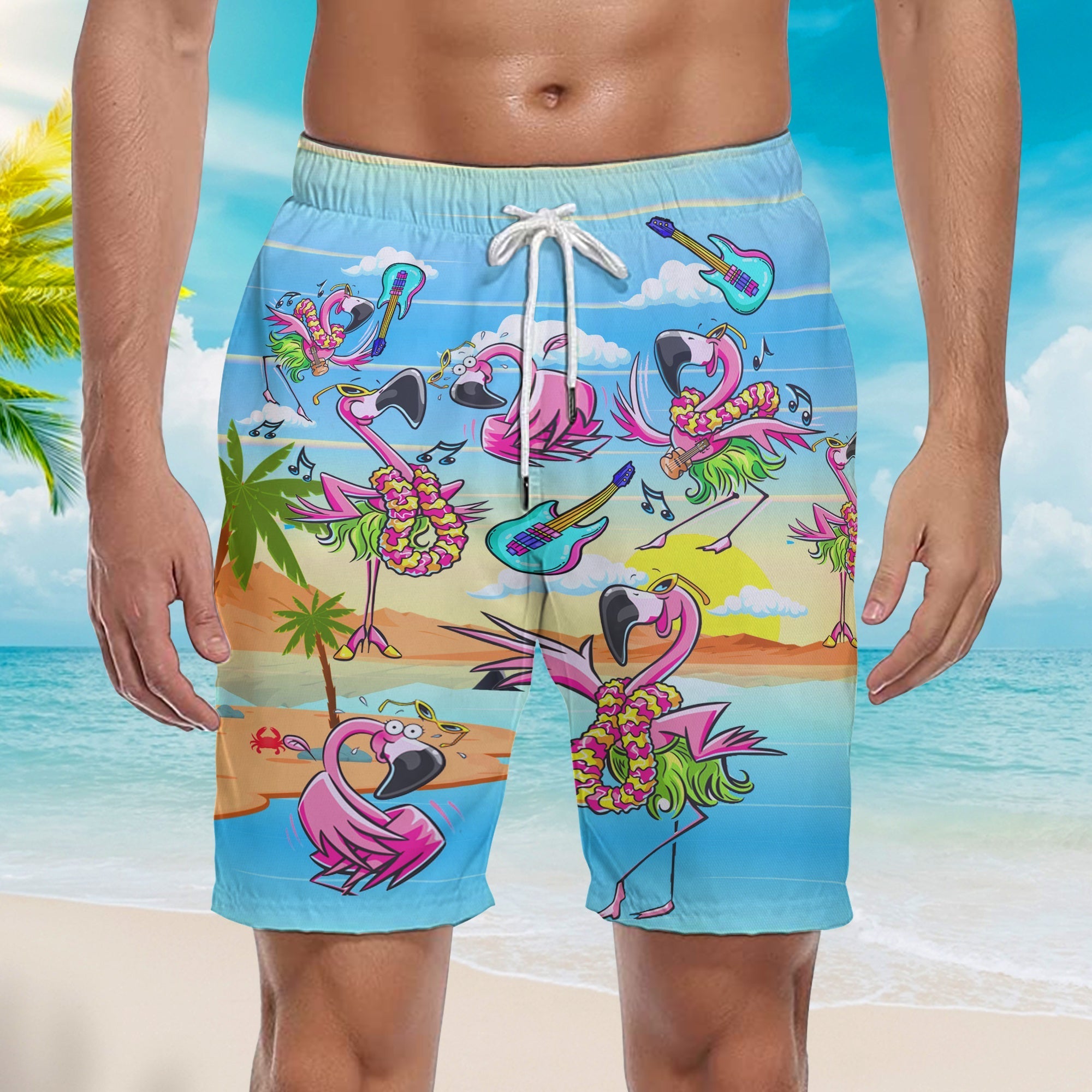 Flamingo Enjoys Music Party On Beach Summer Beach Shorts For Men