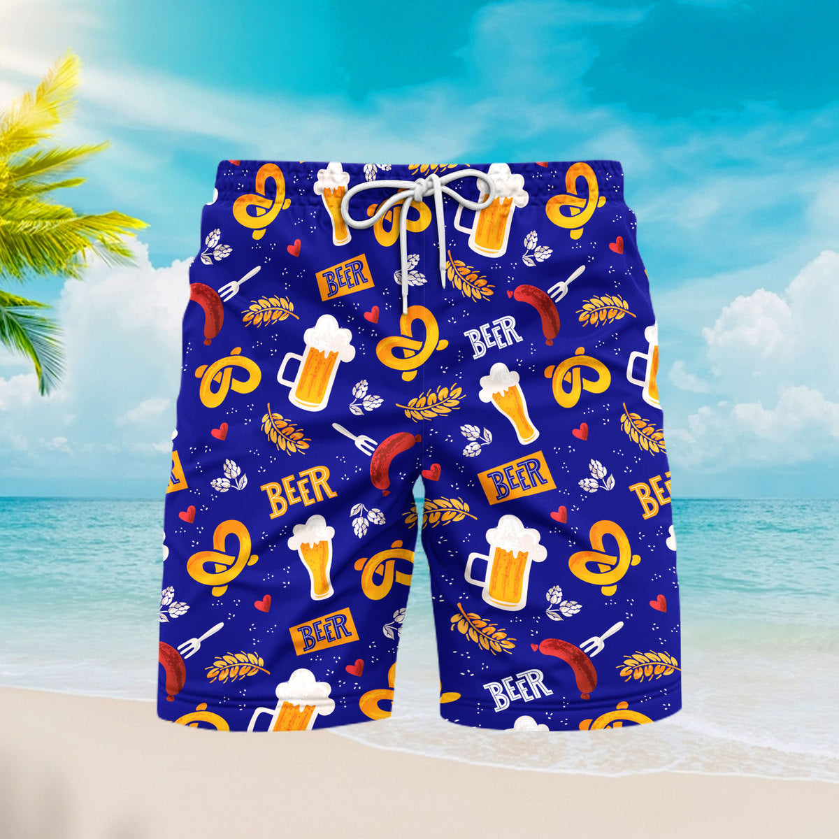 Oktoberfest Blue Beer Pretzels Pattern Beach Shorts For Men