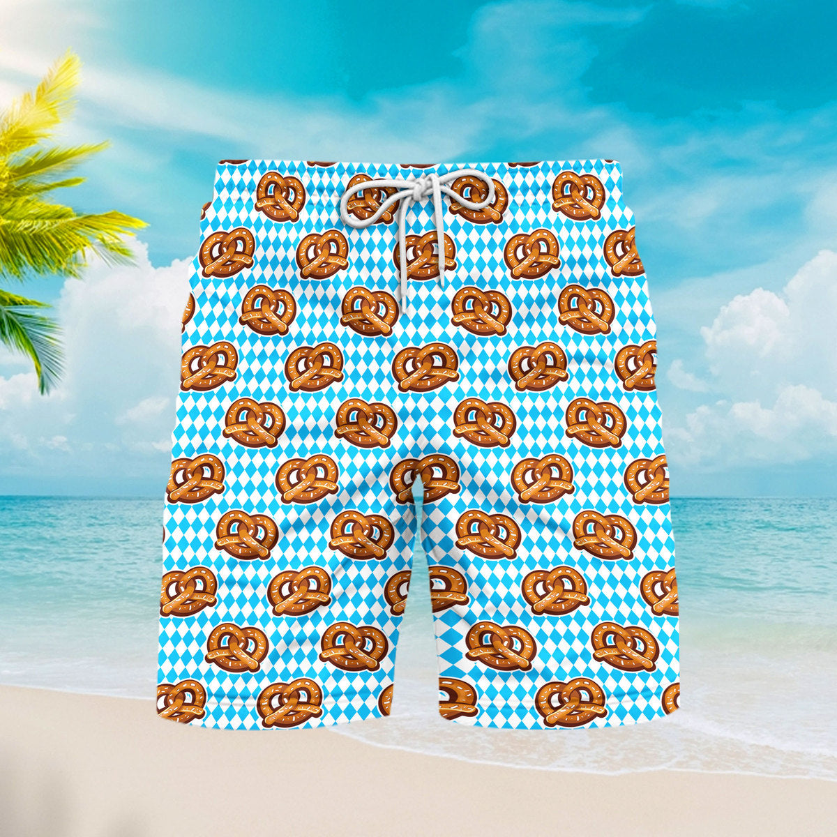 Oktoberfest Pretzels Blue Checkered Beach Shorts For Men 