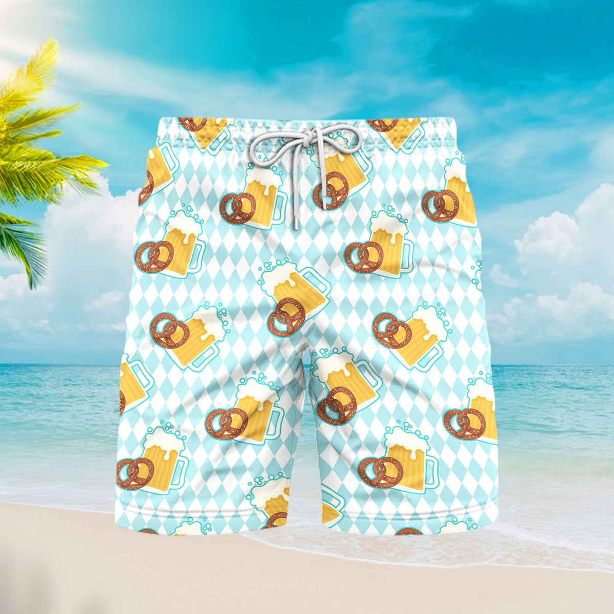 Oktoberfest Beer And Pretzels Blue Checkered Beach Shorts For Men 
