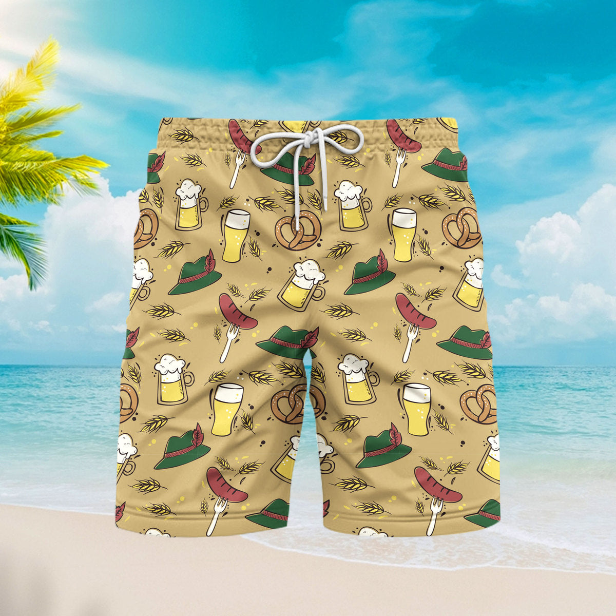 Brown Traditional Oktoberfest Beer And Pretzels Beach Shorts For Men 