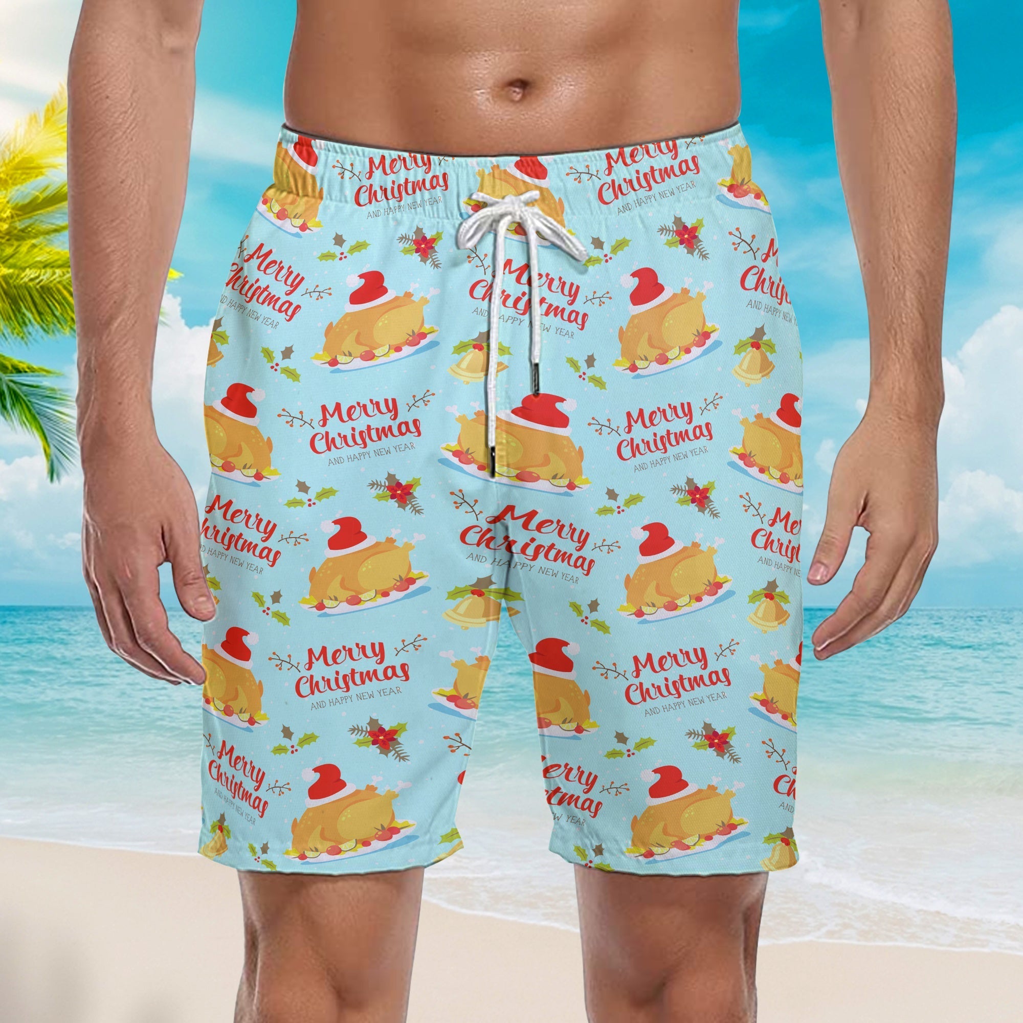 Merry Christmas Turkey Santa Beach Shorts For Men