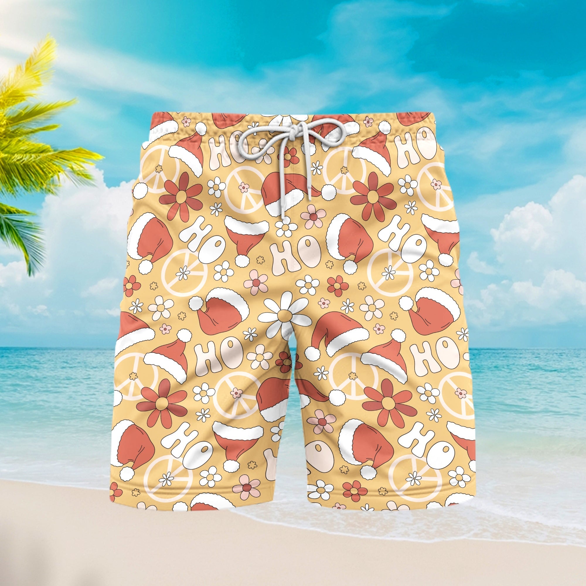 Flower Christmas Santa Hat Beach Shorts For Men