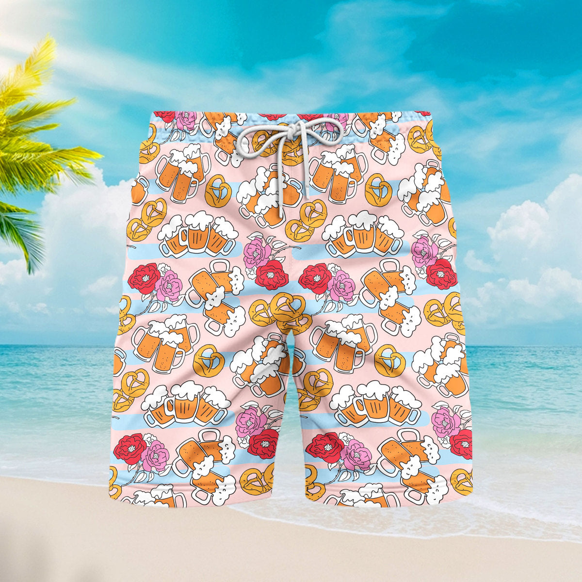 Pink Oktoberfest Beer Flowers Beach Shorts For Men