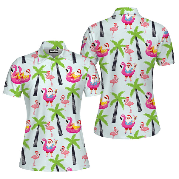Santa Claus With Flamingo Christmas In July Polo Shirt For Women