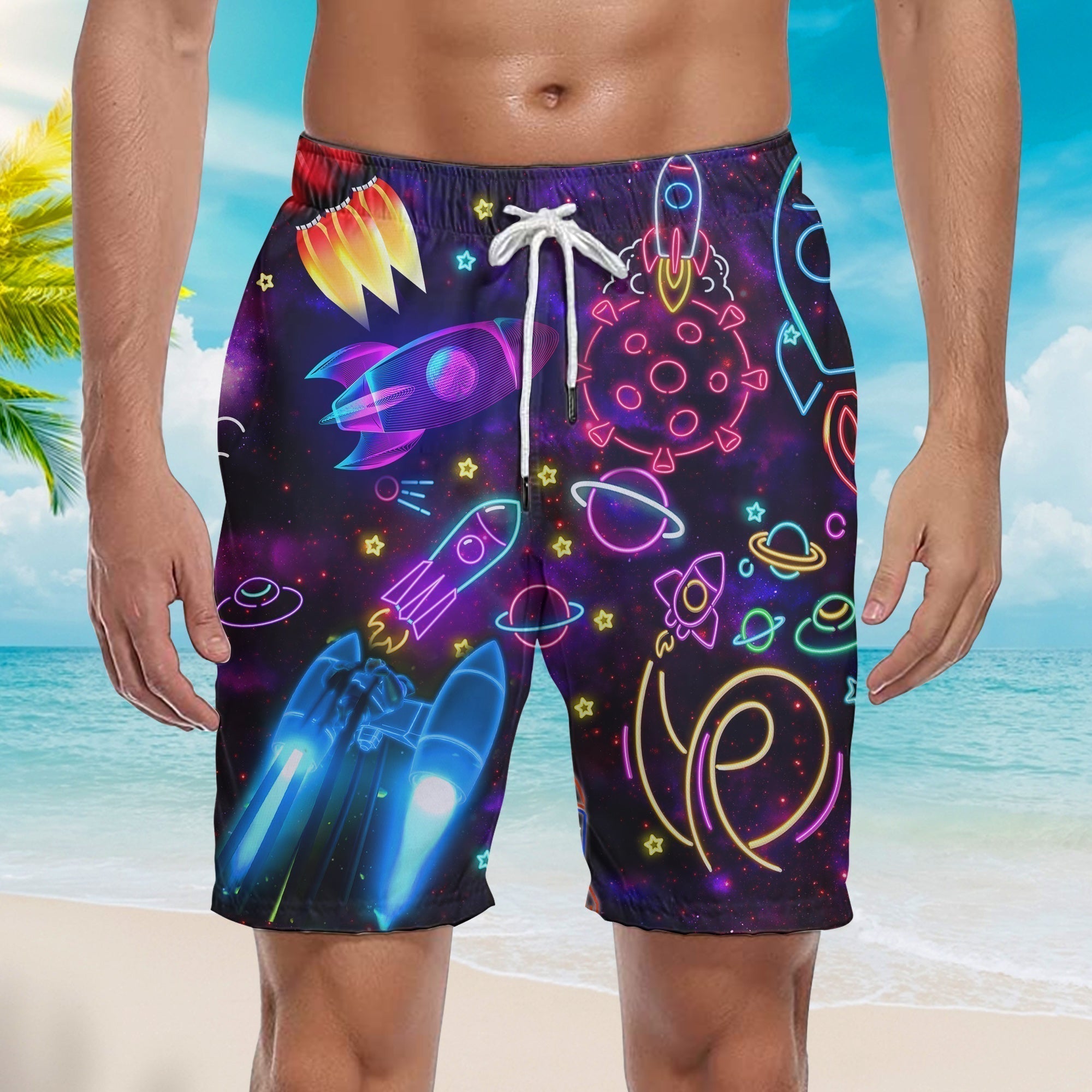 Shoot For The Stars Glowing Rocket Beach Shorts For Men